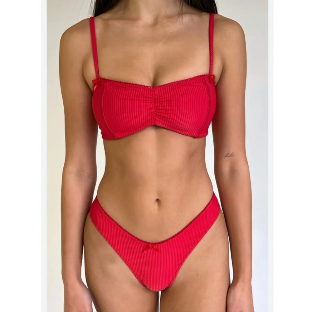New!Frankie's Bikinis‎ Enzo Ribbed Cheeky Bikini Bottom Crimson